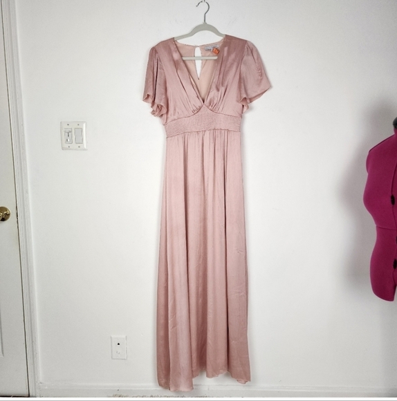 Baltic Born Dress Rose Prague Satin Maxi Deep V Neck Smocked Waist Size L - Picture 6 of 16